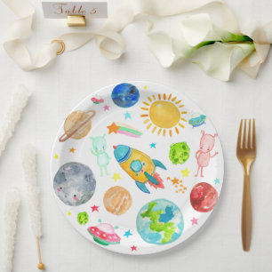 Outer Space Galaxy Planet Rocketship Alien Stars Paper Plate