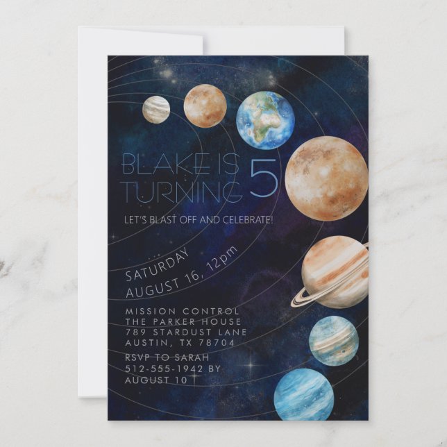 Outer Space Galaxy Planets 5th Birthday Party Invitation (Front)