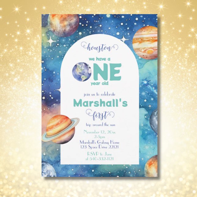 Outer Space Galaxy Planets First Birthday Party Invitation (Outer Space Galaxy Planets First Birthday Party Invitation)
