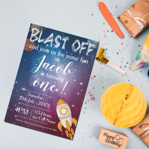 Outer Space Galaxy Rocket Ship 1st Birthday Party Invitation