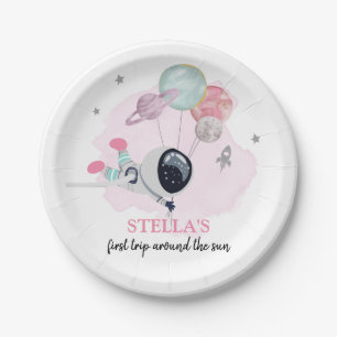 Outer Space Girl 1st Trip Around the Sun Birthday Paper Plate