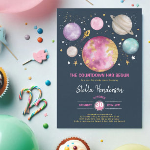 Outer Space Girl Baby Shower Pink Gold Galaxy Invitation