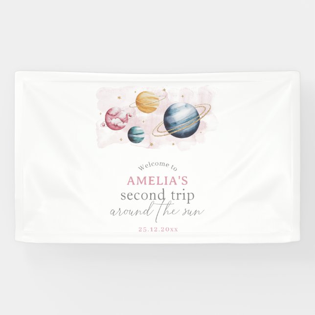 Outer Space Girl Birthday Galaxy Stars Planets Banner (Horizontal)