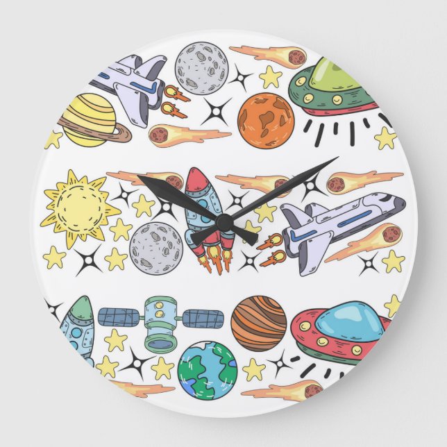 Outer Space: Hand-Drawn Vintage Doodles Large Clock (Front)