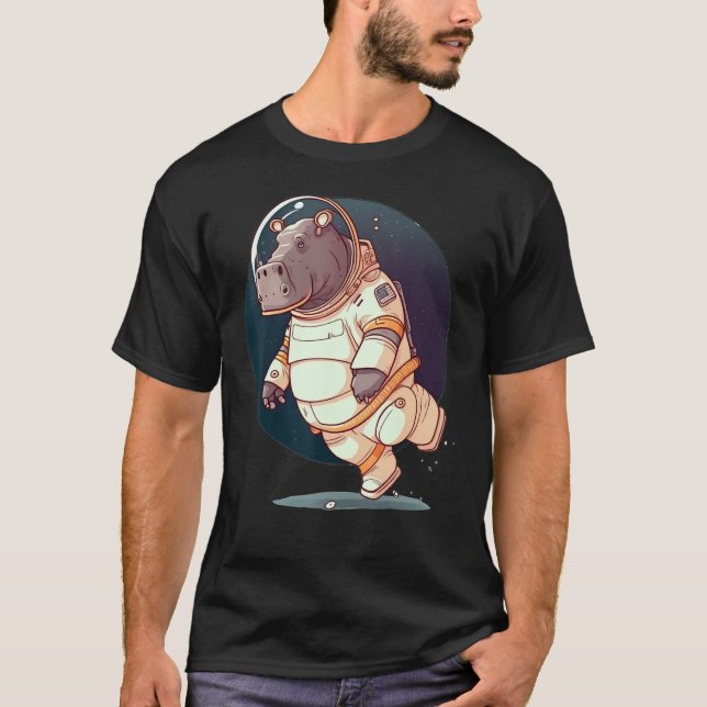 Outer Space Hippo on Galaxy Astronaut Hippopotamus T-Shirt (Front)