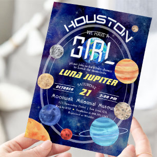 Outer Space Houston Solar System Baby Girl Shower Invitation