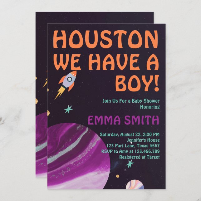 Outer Space Houston We Have A Boy Baby Shower Invitation (Front/Back)