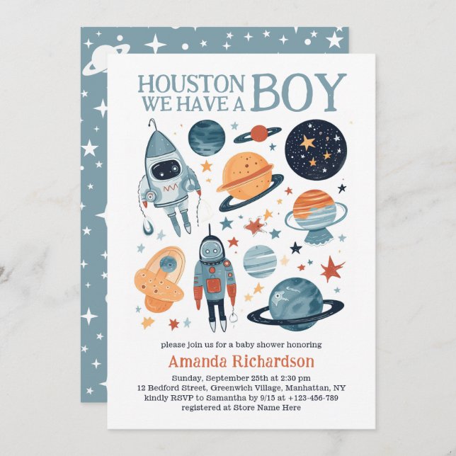 Outer Space Houston We Have A Boy Baby Shower Invitation (Front/Back)