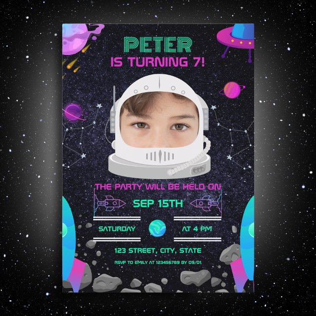 Outer Space Kids Birthday Party Astronaut Photo Invitation (Creator Uploaded)