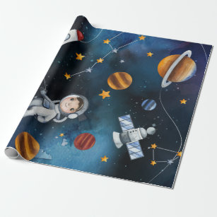 Outer Space Kids Birthday Watercolor Wrapping Paper