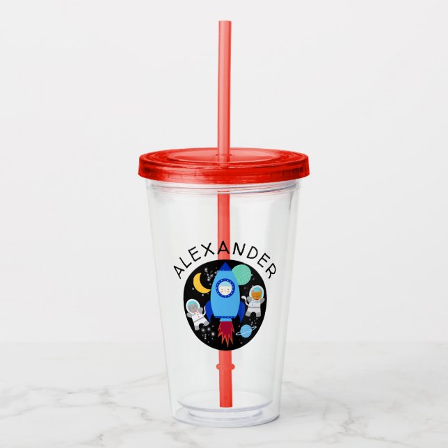 Outer Space Kitten Cat Astronaut Kids Personalised Acrylic Tumbler (Front)