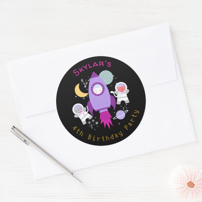 Outer Space Kittens Cat Astronaut Girls Birthday Classic Round Sticker (Envelope)