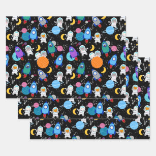 Outer Space Kittens Cat Astronaut Kids Birthday Wrapping Paper Sheet