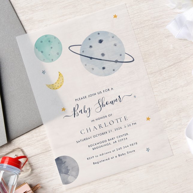 Outer Space Modern Baby Shower Vellum Invitations (Outer Space Script Baby Shower Vellum Invitation)