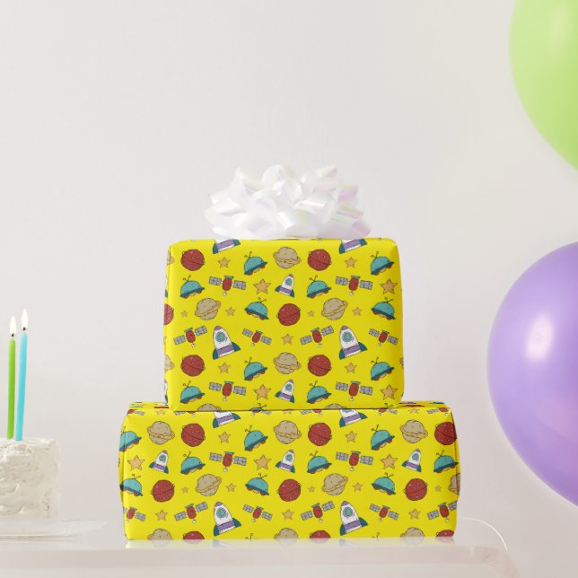 Outer Space on Bright Yellow Wrapping Paper (Party Gifts)