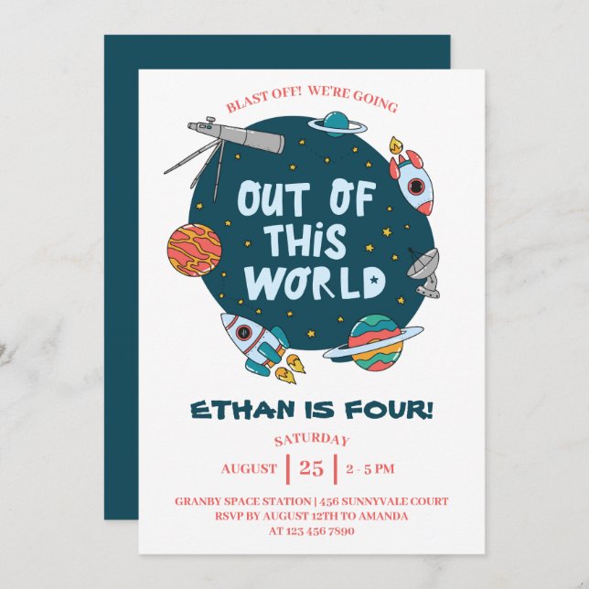 Outer Space Out of This World Birthday Party Invitation (Front/Back)