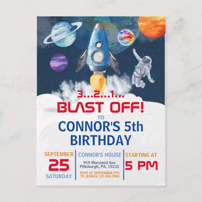 Outer space Party Astronaut Birthday  Invitation Postcard (Front)