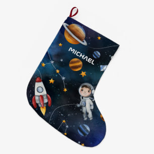 Outer Space Pattern Astronaut Illustration Custom Large Christmas Stocking