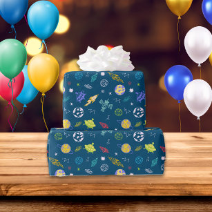 Outer Space Pattern Doodle   Dark Blue Wrapping Paper