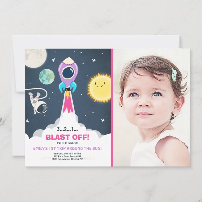 Outer Space Pink Girl 1st Birthday Invitation (Front)