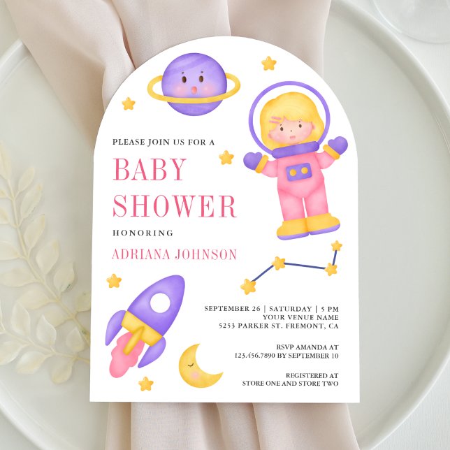 Outer Space Pink Girl Astronaut Arch Baby Shower Invitation (Creator Uploaded)