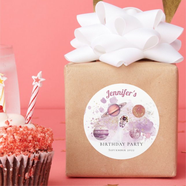 Outer Space Pink Girl Rocket Planets Galaxy Classic Round Sticker (Party)