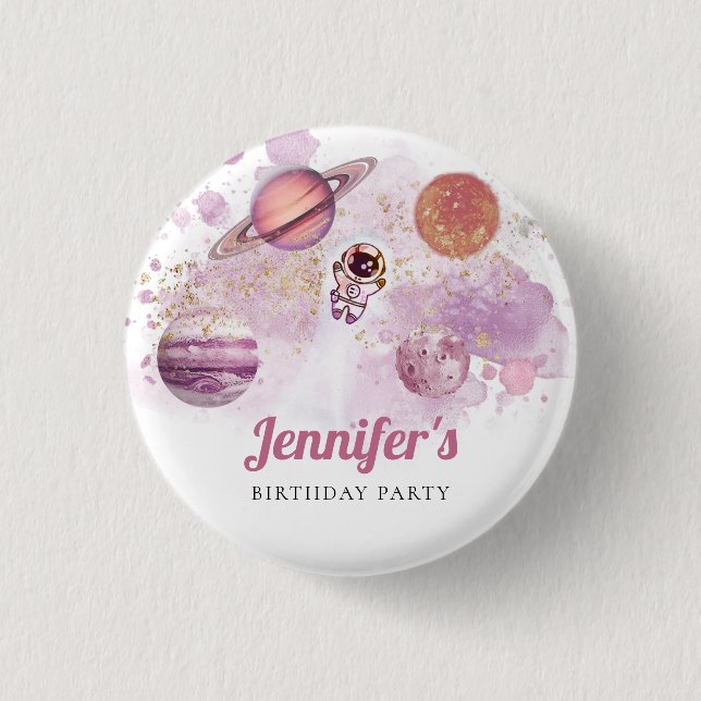 Outer Space Pink Rocket Planets Galaxy Button (Front)
