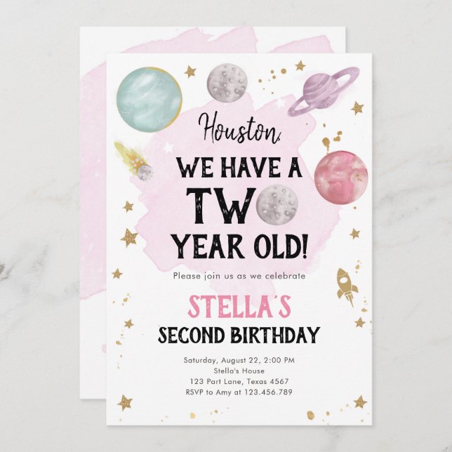 Outer Space Planet Girl Second Birthday Invitation (Front/Back)