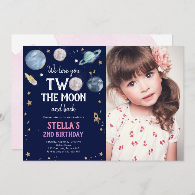 Outer Space Planet Girl Second Birthday Invitation (Front/Back)