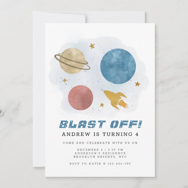 Outer Space Planet Watercolor Fourth Birthday Invitation (Front)