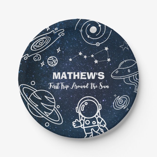 Outer Space Planets Astronaut 1st Birthday Boy Paper Plate (Front)