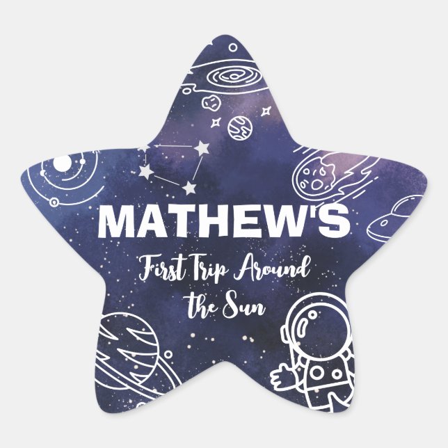 Outer Space Planets Astronaut 1st Birthday Boy Star Sticker (Front)
