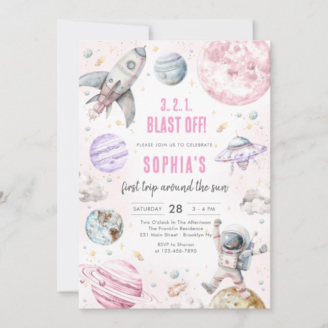 Outer Space Planets Astronaut Girl Birthday Invitation (Front)