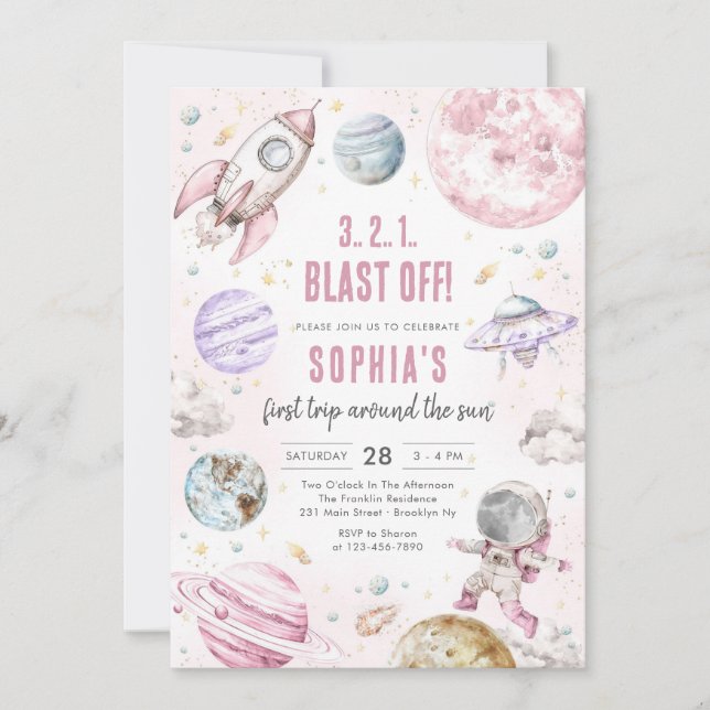 Outer Space Planets Astronaut Girl Birthday Invitation (Front)