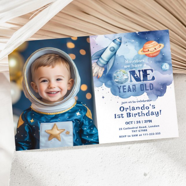 Outer space planets Boy 1st birthday photo Invitation (Creator Uploaded)