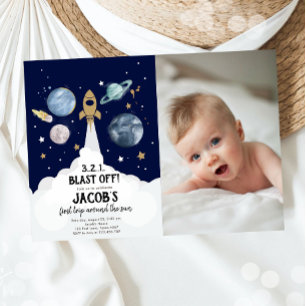 Outer Space Planets Boy First Birthday Invitation