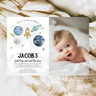 Outer Space Planets Boy First Birthday Invitation