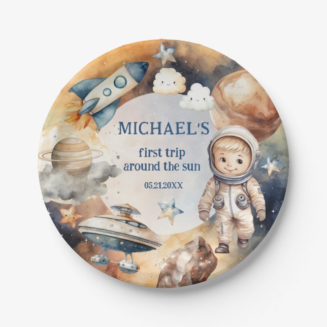 Outer Space Planets Boy First Birthday  Paper Plate (Front)