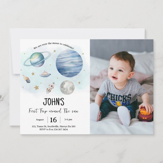 Outer Space Planets Boy First Birthday Photo Invitation (Front)