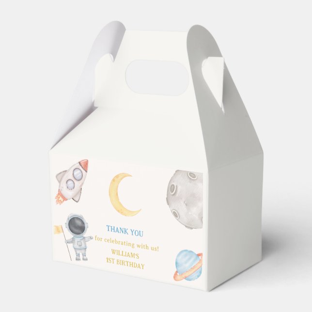 Outer Space Planets Boy Galaxy First Trip Birthday Favour Box (Front Side)