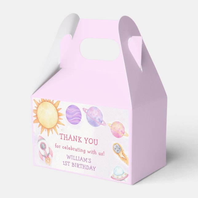 Outer Space Planets Boy Galaxy First Trip Birthday Favour Box (Front Side)