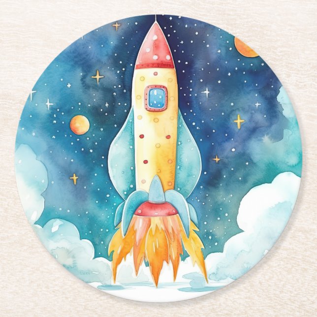 Outer Space Planets First Birthday Round Paper Coaster (Front)