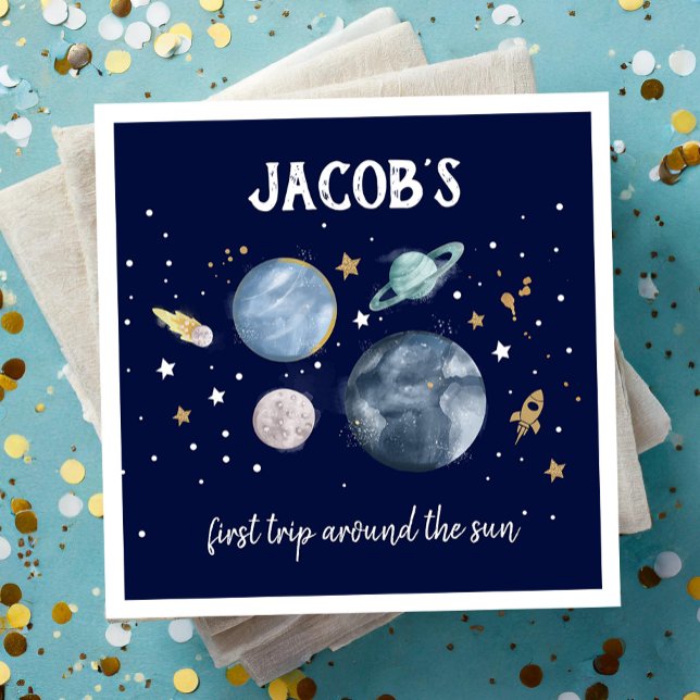 Outer Space Planets Galaxy Gold Blue Boy Birthday  Napkin (Creator Uploaded)