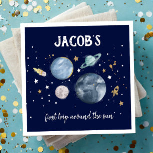 Outer Space Planets Galaxy Gold Blue Boy Birthday Napkin