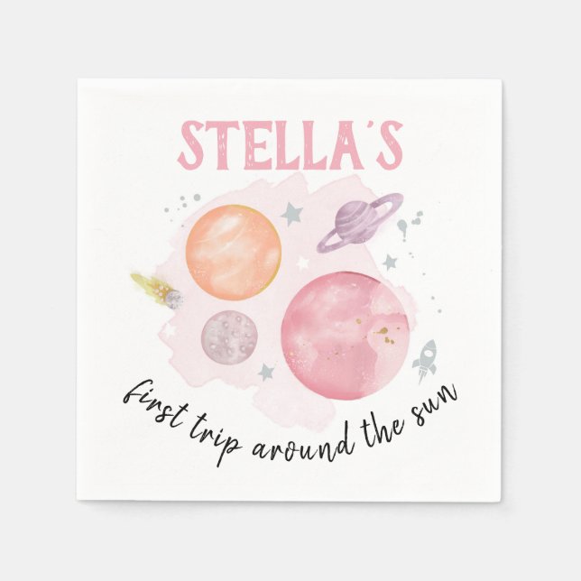 Outer Space Planets Galaxy Pink Girl 1st Birthday Napkin (Front)