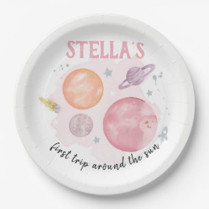 Outer Space Planets Galaxy Pink Girl 1st Birthday Paper Plate