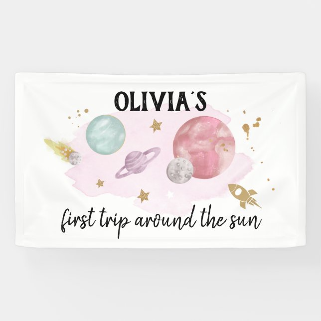 Outer Space Planets Girl First Birthday Backdrop Banner (Horizontal)