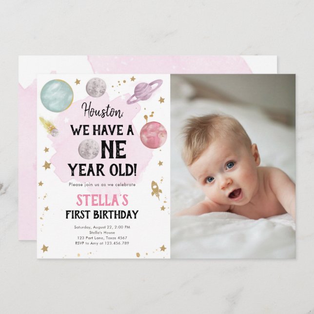 Outer Space Planets Girl First Birthday Invitation (Front/Back)