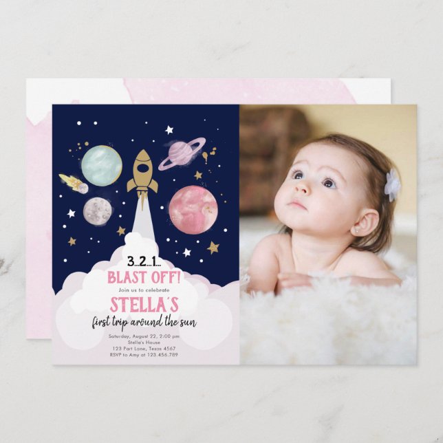 Outer Space Planets Girl First Birthday Invitation (Front/Back)