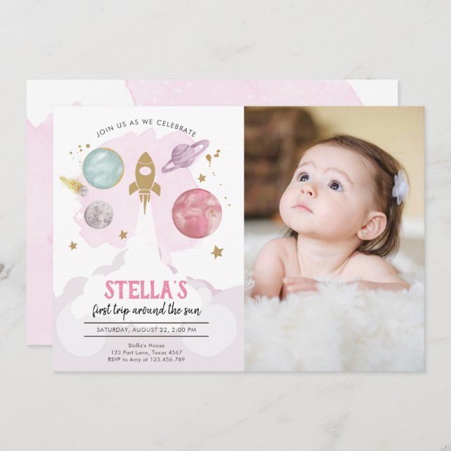 Outer Space Planets Girl First Birthday Invitation (Front/Back)